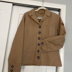 Women’s large khaki colored denim jacket with star on sleeve
